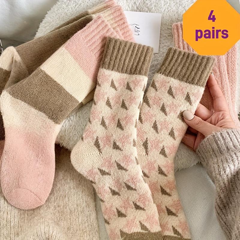 high quality4 Pairs Women'S Thick Warm Mid-Calf Socks - Soft, Comfortable Striped Design in Pink, Beige, Brown & White, Perfect for Fall/Winter,