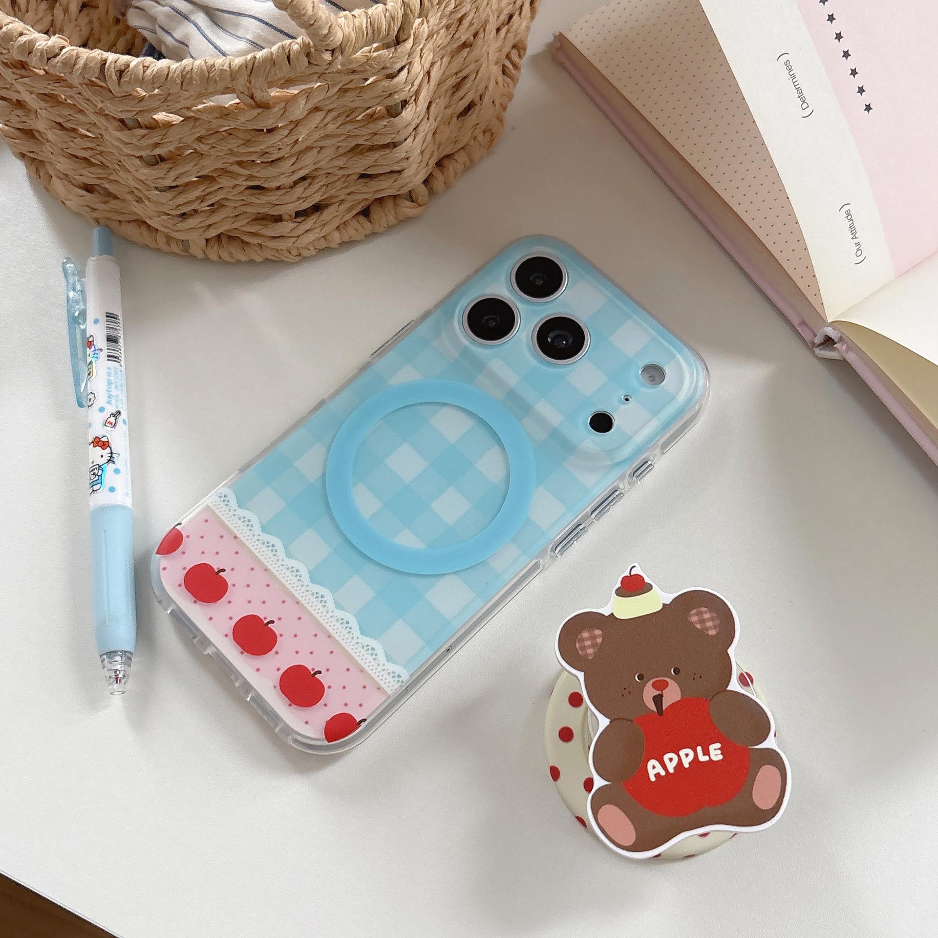 

Plaid Cherry Bear Magnetic Stand Case for iPhone 17 Pro Max/16/15 iPhone 16 Pro Max