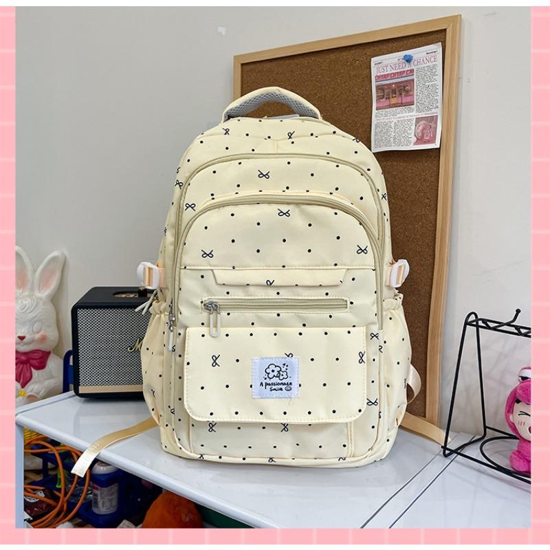 School Bag, Primary and Secondary School Students, Girls, Heart Polka Dots, Bows, All-match New High-value Backpack for Women
