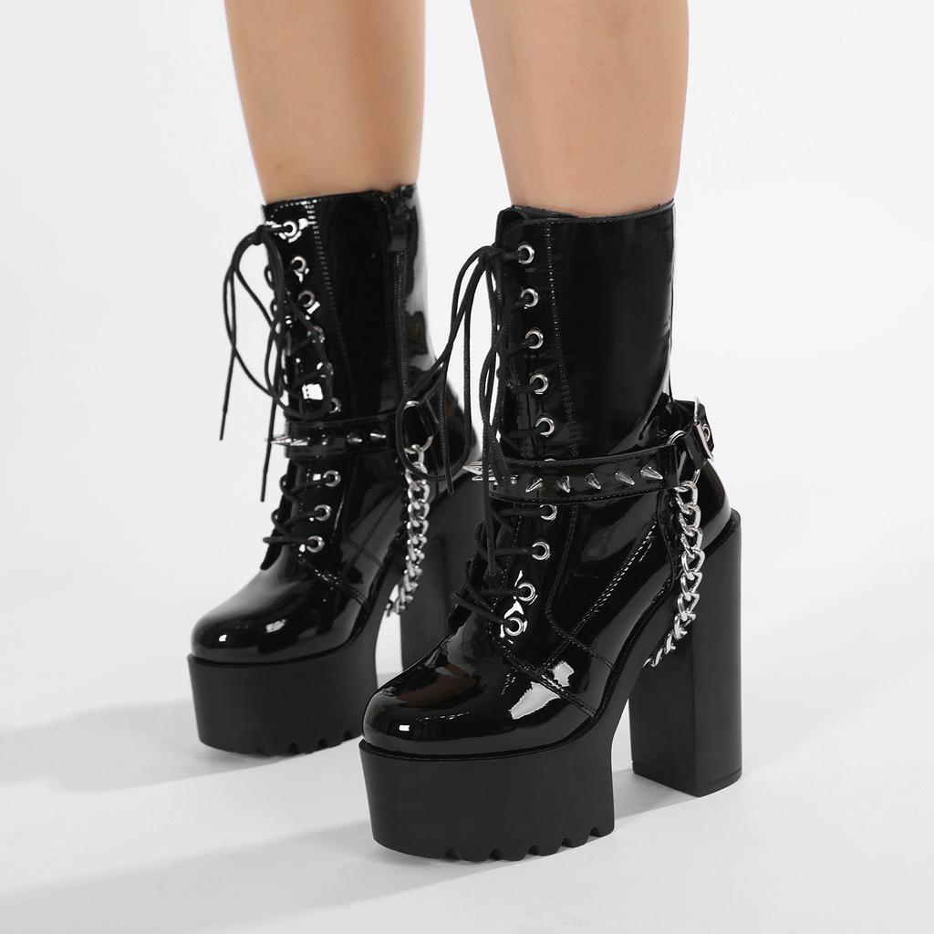 Gdgydh Halloween Punk Platform Boots For Women With Crisscross Straps Chains Rivets High-Heeled Boots For Nightclubs And Stages