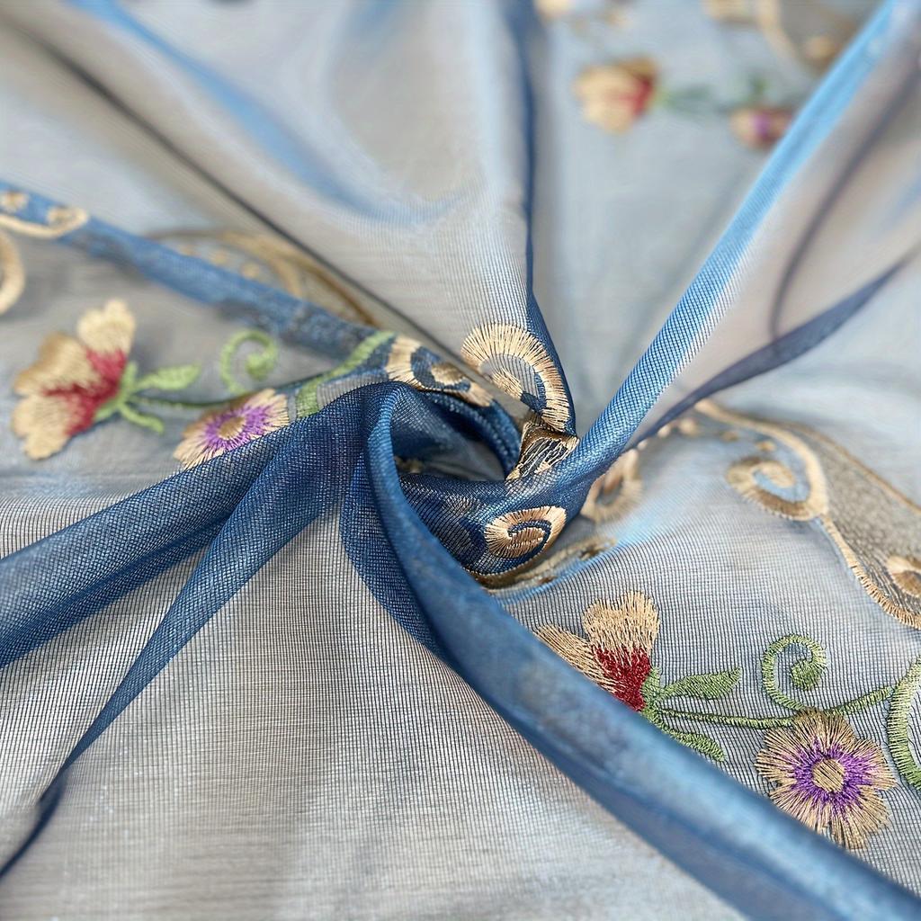 1-Panel Luxury Blue Embroidered Sheer Curtain - Light Filtering, Vintage Flower Pattern, Lace Voile Draperies for Living Room, Bedroom, Dining Room