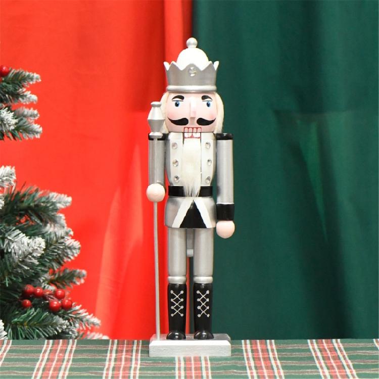 Dekoracyjne Drewniane Srebrne Dziadki do Orzechów 36cm Ręcznie Malowana Postać Króla Zabawka Świąteczne Dekoracje Stołu Dekoracje Świąteczne