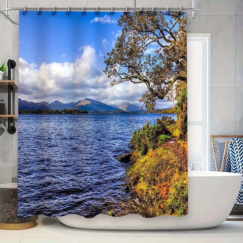 

Mountain Lake Shower Curtain Nature Scenery Backdrop Waterproof Bath Decor Forest View Artistic Home Textile Premium Quality W60H190(CM)-1 Pcs