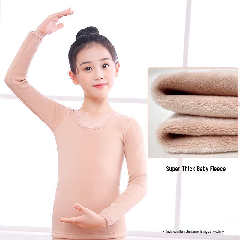Children's Performance Base Layer: Flesh-Colored Fleece Dance Shirt for Winter