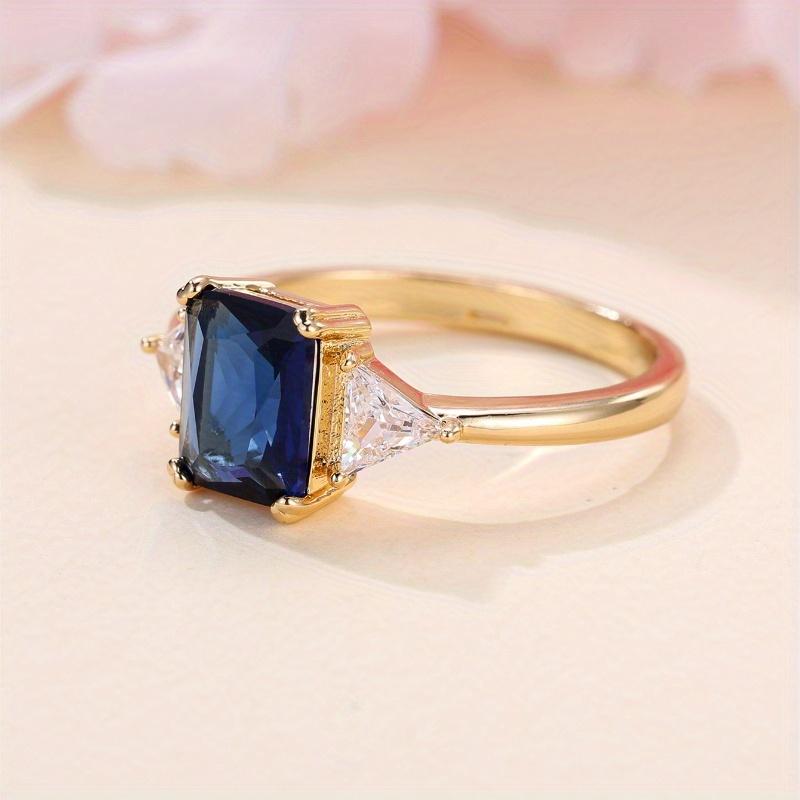 Exquisite Sparkling Blue Color Square Inlaid Zircon Ring, Suitable for Women's Banquet Party Accessories, Jewelry Gifts