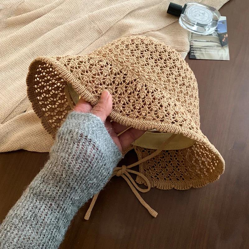 Damen Sommer Dünn Atmungsaktiv Gesicht Kleines Hohlmuster Riemen Eimerhut Sonnenschutz Sonnenschutz Gewebter Sonnenhut