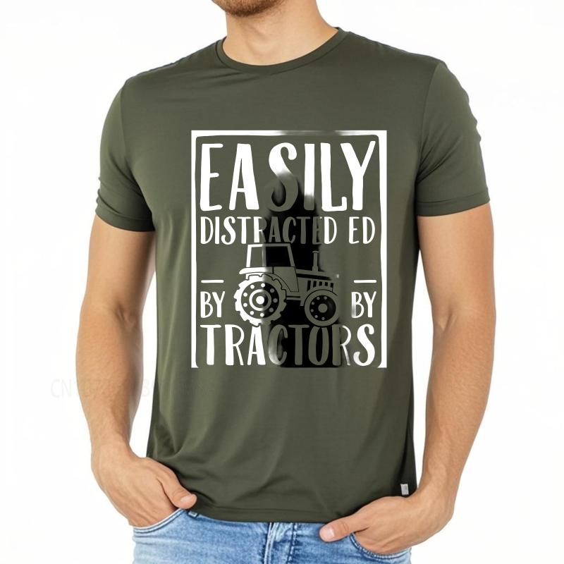 Black Summer For Him T Shirt Easily Distracted By Tractors Short Sleeve Breathable ONeck Tshirt Summer Cotton Men Tshirt