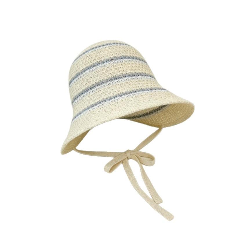 Summer Essential Striped Basin Hat with Knitted Hollow Out Design Foldable for Beach Sunshade