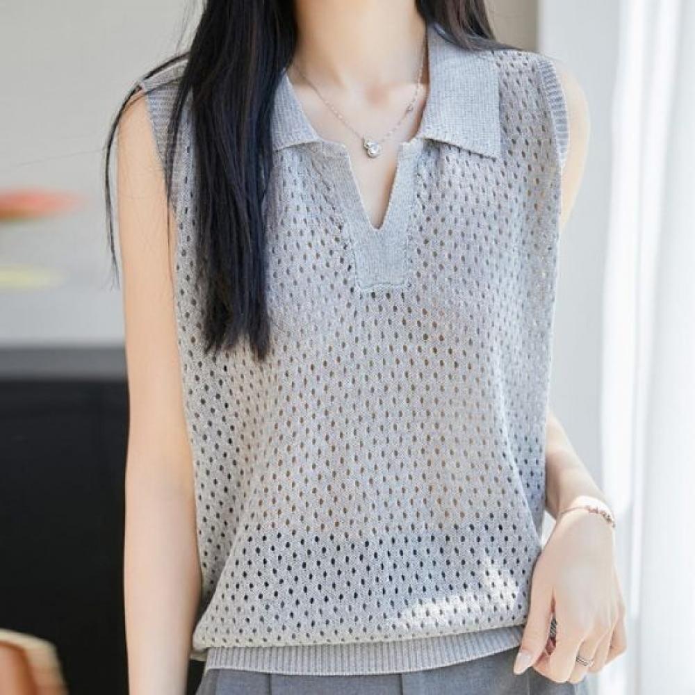 Navava Women Cool Daily Punching Collar Sleeveless Knit Top Nk3691
