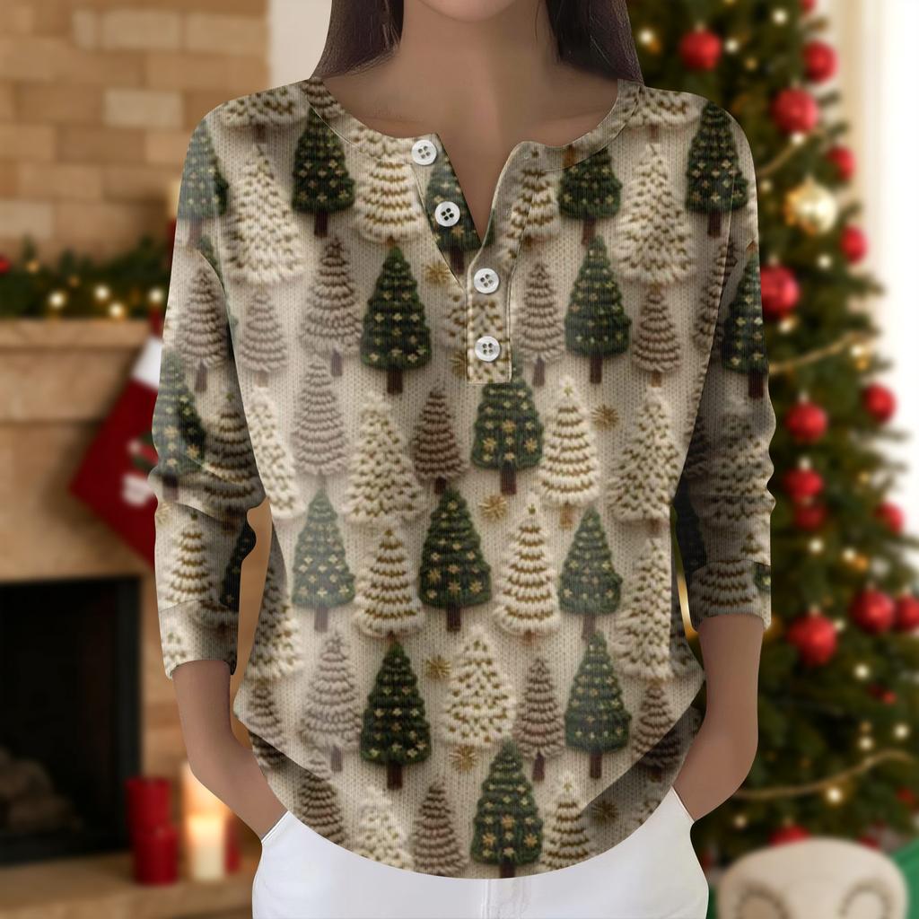 Women's Fashion Long Sleeve Christmas Snowflake Print Top Elegant Casual Top