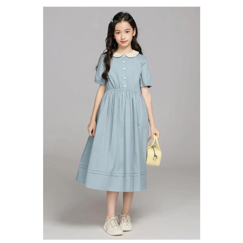 Summer Kids Preppy Student Waisted Party Dresses Child Clothes Teens Peter Pan Girls Daily Wear Button