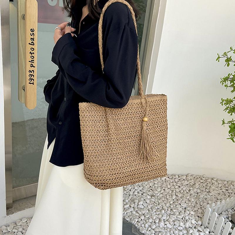 Yogodlns Women Hand Woven Tote Bag Solid Color Large Capacity Square Handbag Straw Shoulder Bag with Tassel Pendant