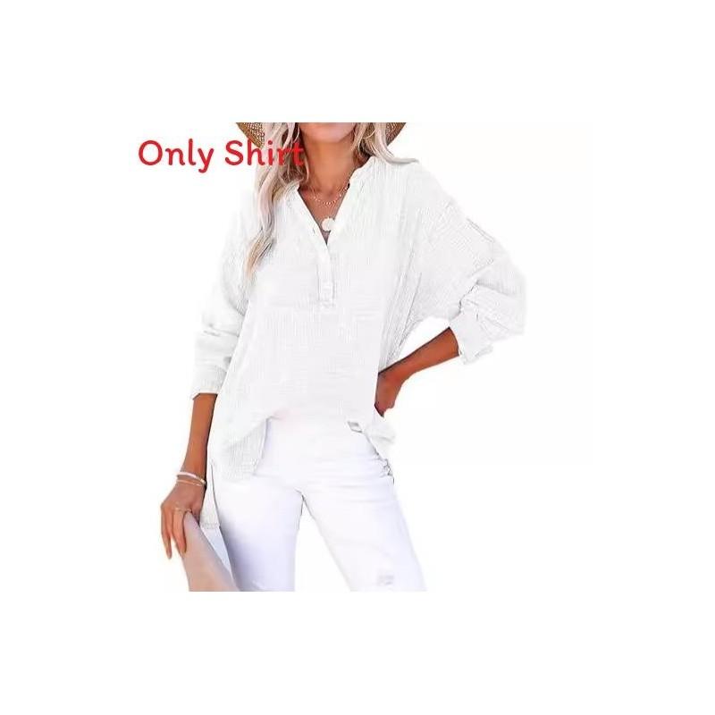 Street Style Wrinkled Cotton Long Sleeve Shirt For Women With Button Closure
