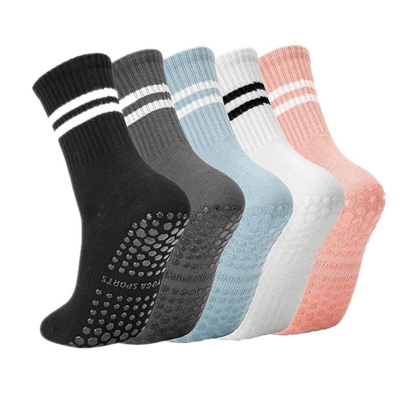 Womens Non-Slip Yoga Socks With Grip Dots Cotton-Polyester Blend Mid-Calf Length Seamless Knit Pilates Fitness