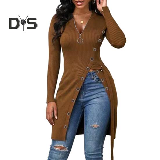 

Женская весенне-осенняя верхняя молния с V-образным вырезом и длинным рукавом с высоким разрезом подолу средней длины, эластичная шнуровка на талии, сплошной цвет, женская длинная блузка M коричневый