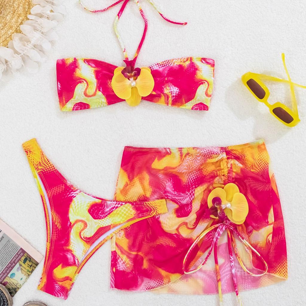 Popular Printed Tube Top Strap Split Three-Piece Set New European And American Bikini Women'S Swimsuit Swimsuit