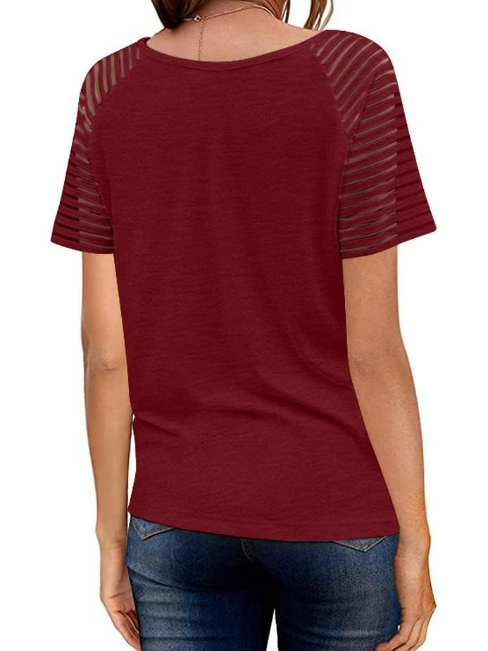 Women's European & American Summer V-neck Mesh Solid Short Sleeve Casual Loose T-shirt (2021)