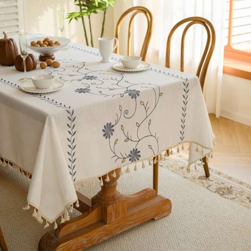 Nordic Cotton Linen Fabric Tablecloth Embroidered Dining Table Cloth Waterproof and Oil Proof Tea Table Cloth Rectangular Tassel