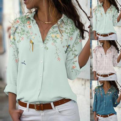 Moda damska Casual Printed Button Lapel Koszula z długim rękawem Top Bluzka