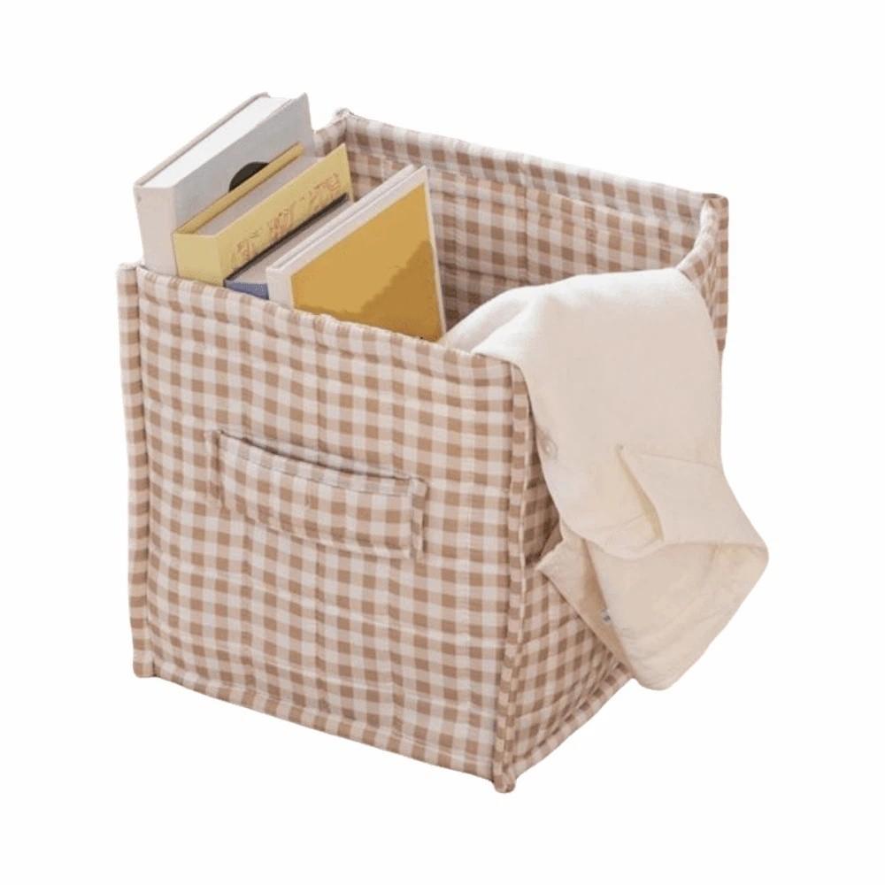 Quilted Fabric Desktop Storage Box Plaid Print Underwear Socks Storage Basket Makeup Organizer