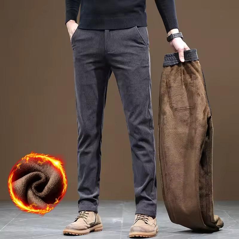 Winter Fleece Warm Pants Men Business Fashion Slim Fit Stretch Thicken Gray Khaki Fluff Casual Trousers Male