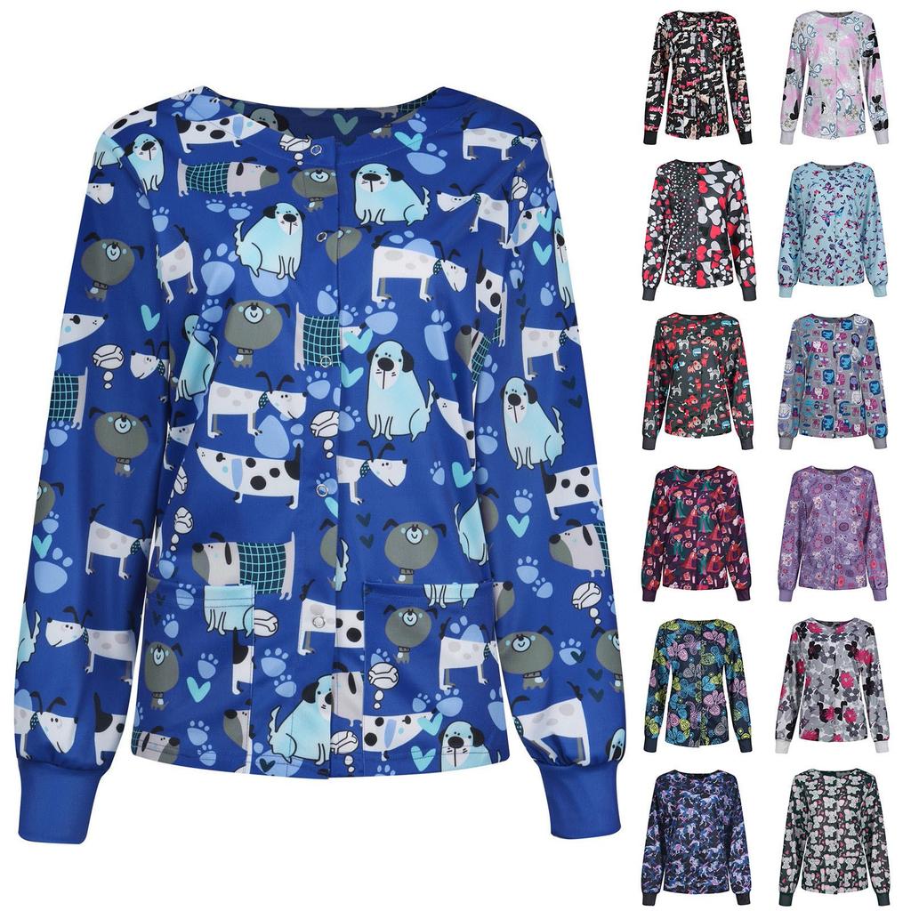 Women Casual Fashion Long-sleeved Stand-up Collar Single-breasted Printed Women's Protective Overalls Jacket Top