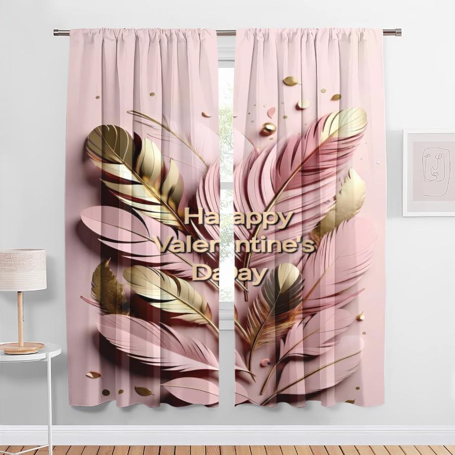 2PCS Pink Gold Feather Light Luxury Curtains   High End Emotional Festival   Bedroom and Living Room   Pull Up Pocket Style