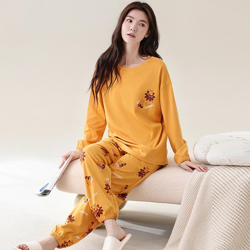 

Женский пижамный комплект в корейском стиле из чистого хлопка с принтом, с длинным рукавом, для осени/весны L (for 100-120 jin)