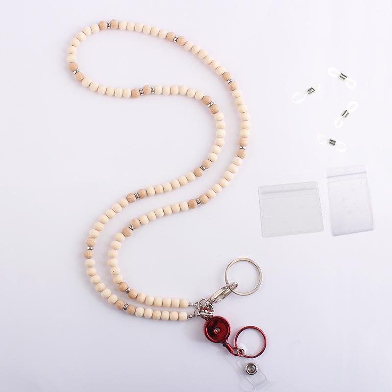 Unisex Stretchable Wooden Bead ID Necklace with Easy-Pull Key Chain