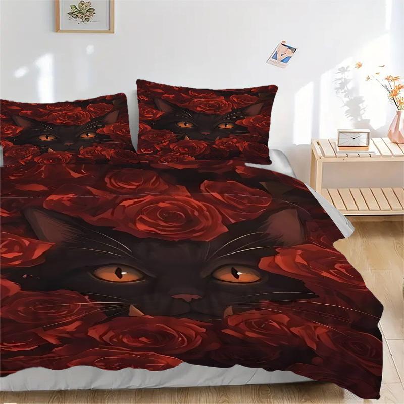 3pcs Black Cat Roses Duvet Cover Set - Machine Washable, Includes 1 Cover and 2 Pillowcases, No Core Included yy251013077