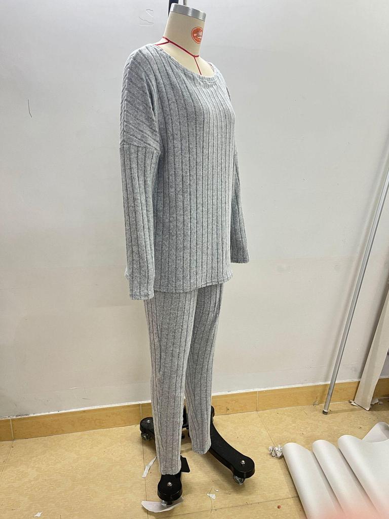 Set din două piese tricotat în coaste pentru femei, Toamnă 2024: Casual, Croială largă cu gât rotund