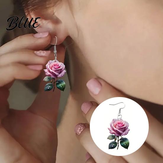 Rose Print Earrings 1 Pair Acrylic Dangle 2D Flower Hook