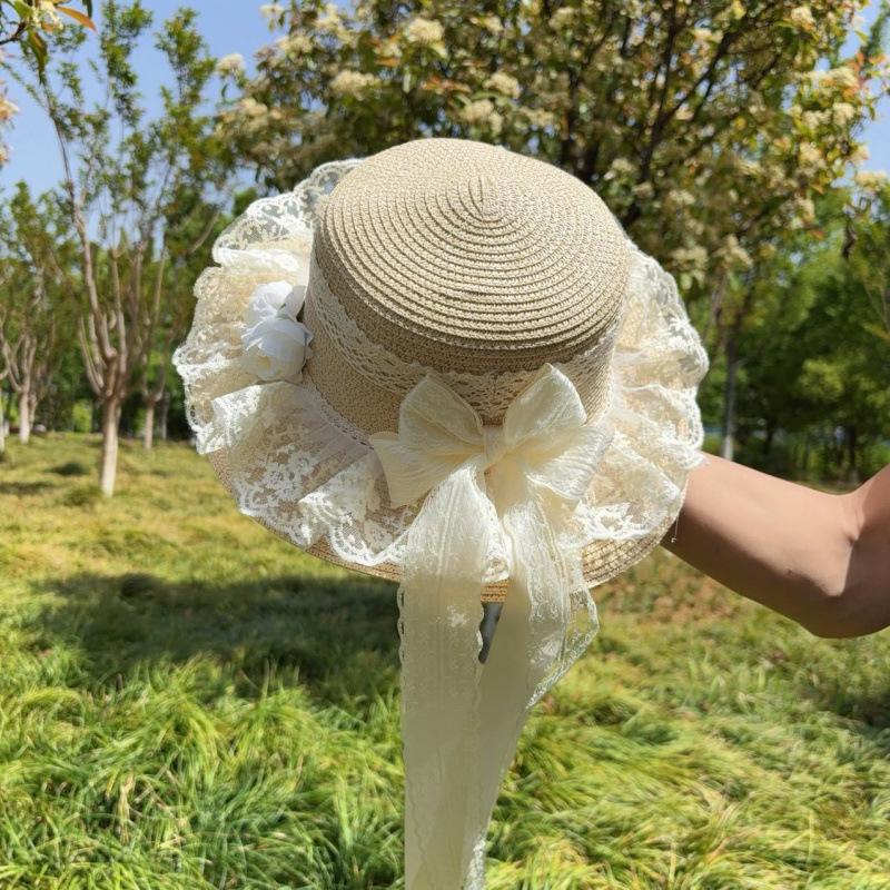 A Mori Pastoral Lo Girl Soft Girl Hat Lace Bow Visor Doll Woven Hat Streamer