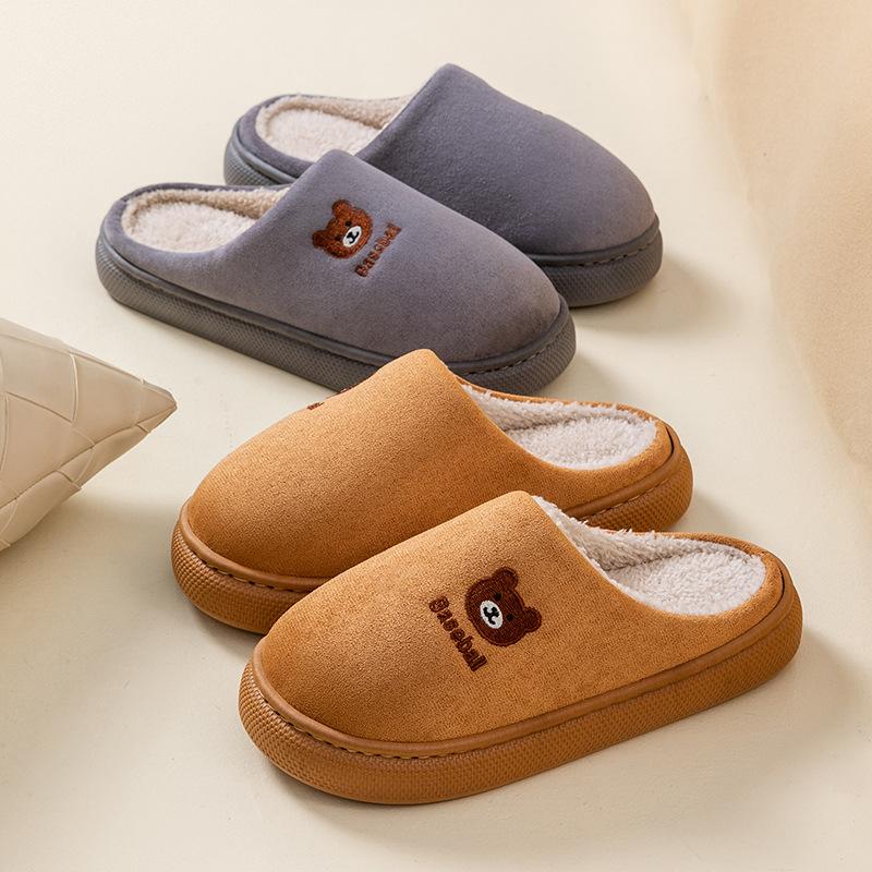 Cartoon Bear Cotton Slippers Autumn and Winter Indoor Home Velvet Warm Non-slip Thick-soled Couple Plush Slippers