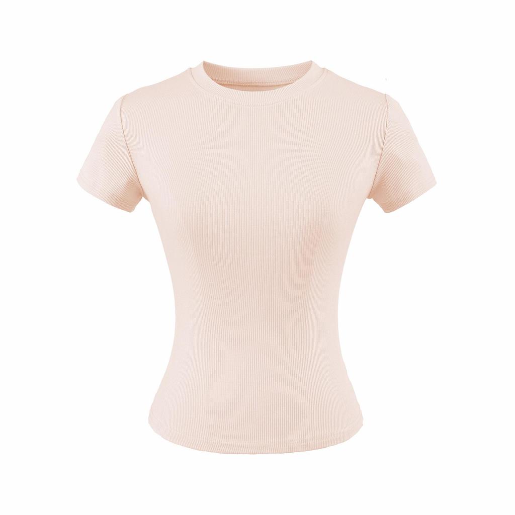 Women's Summer Stretch Slim Fit Ribbed Crop Top - Round Neck, Short Sleeve, Solid Color