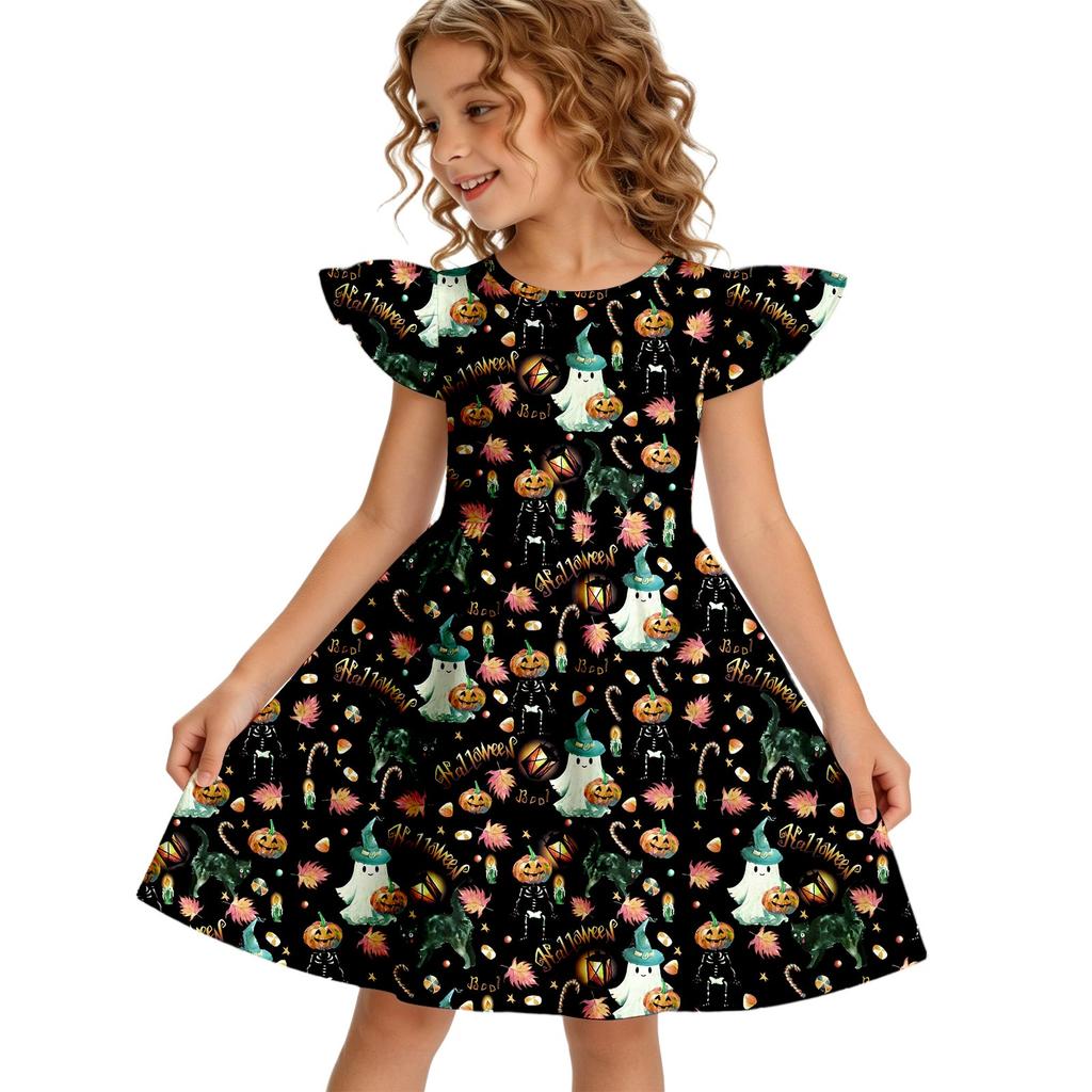 Girls Halloween Casual Round Neck Dress Ruffle Cap Sleeves A-Line Skater Dress Soft Comfortable Fabric Suitable for Daily Wear