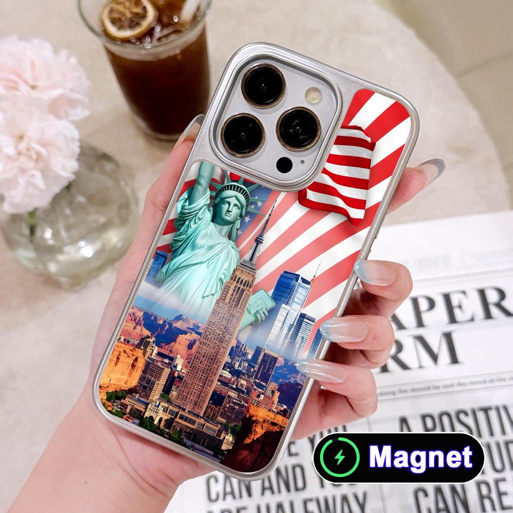 USA America Flag Silver Plating Magsafe Mobile Phone Case for iPhone 17 16 15 14 13 12 11 Air Pro Max Plus Colorful Cover