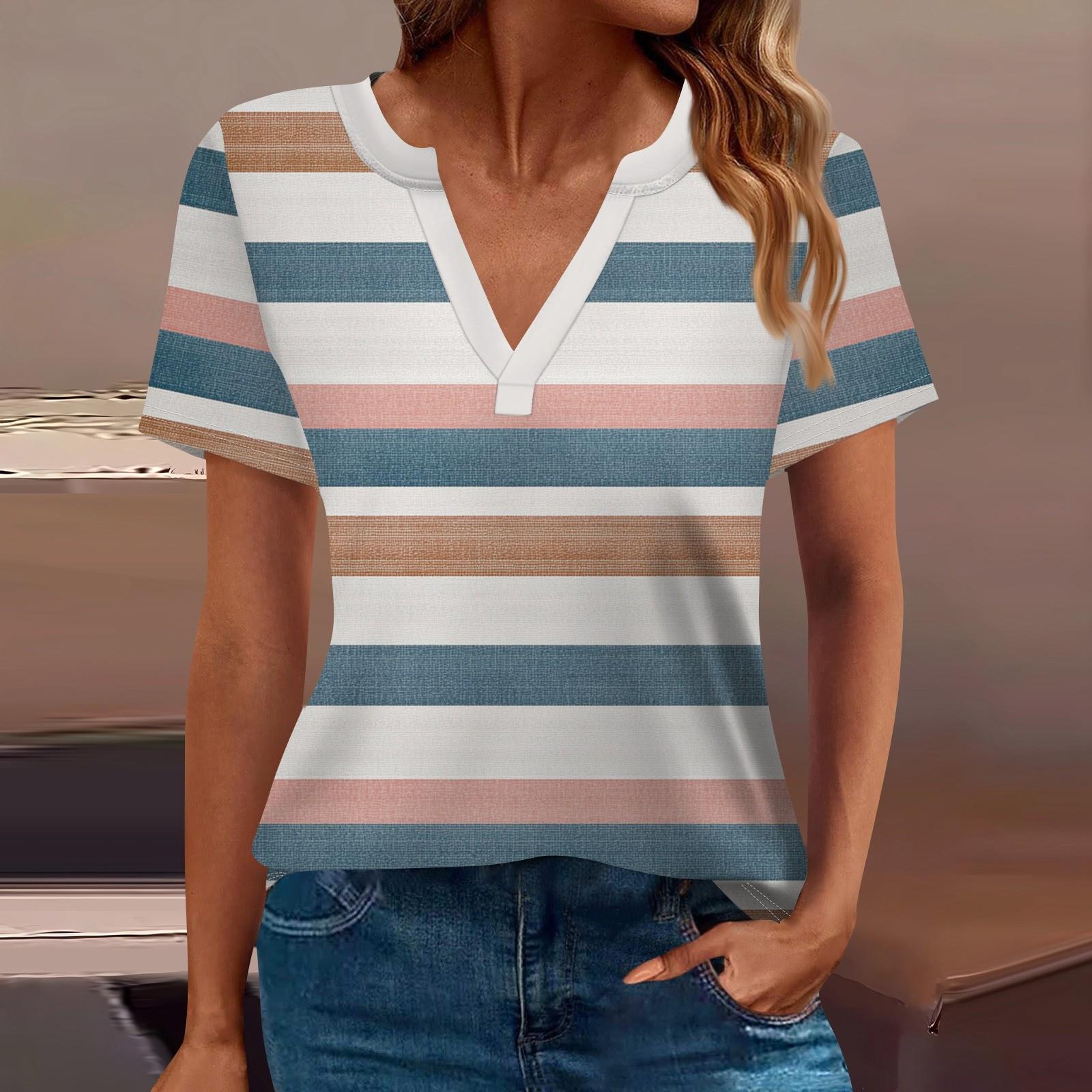 

Женская футболка Футболка с принтом с коротким рукавом Повседневные выходные Мода Базовый топ с V-образным вырезом Обычный топ XL синий