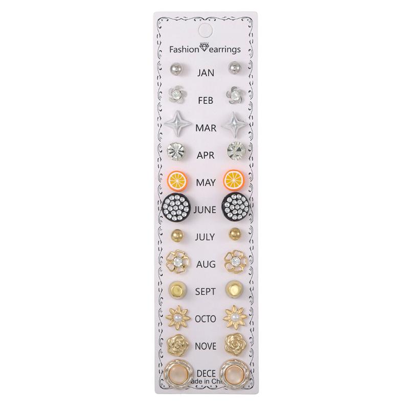 12 Floral Diamond Earrings Set Combination Stud Earrings Set A Variety Of Alloy Stud Earrings