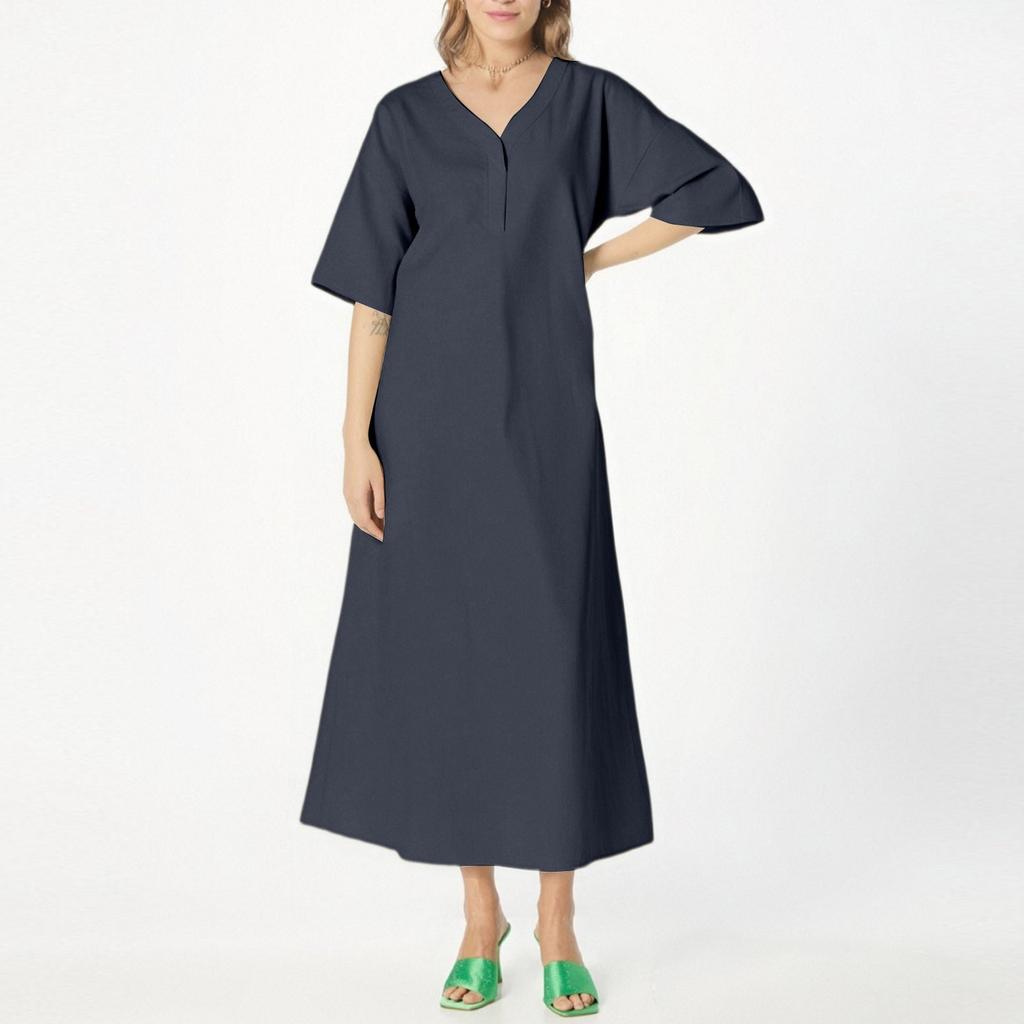 Ladies Summer New Fashion Casual Loose Short Sleeve V-neck Color Long Vest Dress