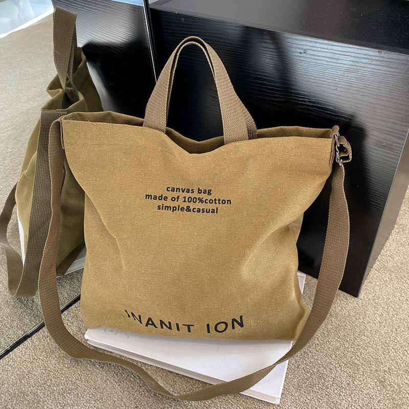 

Thickened Washed Canvas Tote Bag Large Capacity Crossbody Shoulder Bag Minimalist Letter Print Design Commuter Zipper Handbag 38x7x32cm хакі