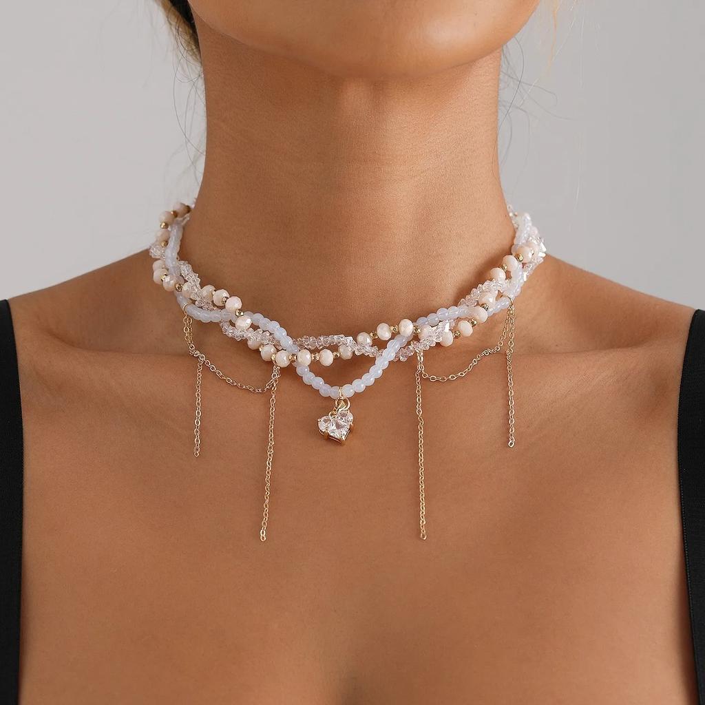 Y2K Choker Necklaces Heart Pendant Chain Jewelry Women Glass Multilayer Neck  for Girls Women Collier Femme Cadenas Para Mujer