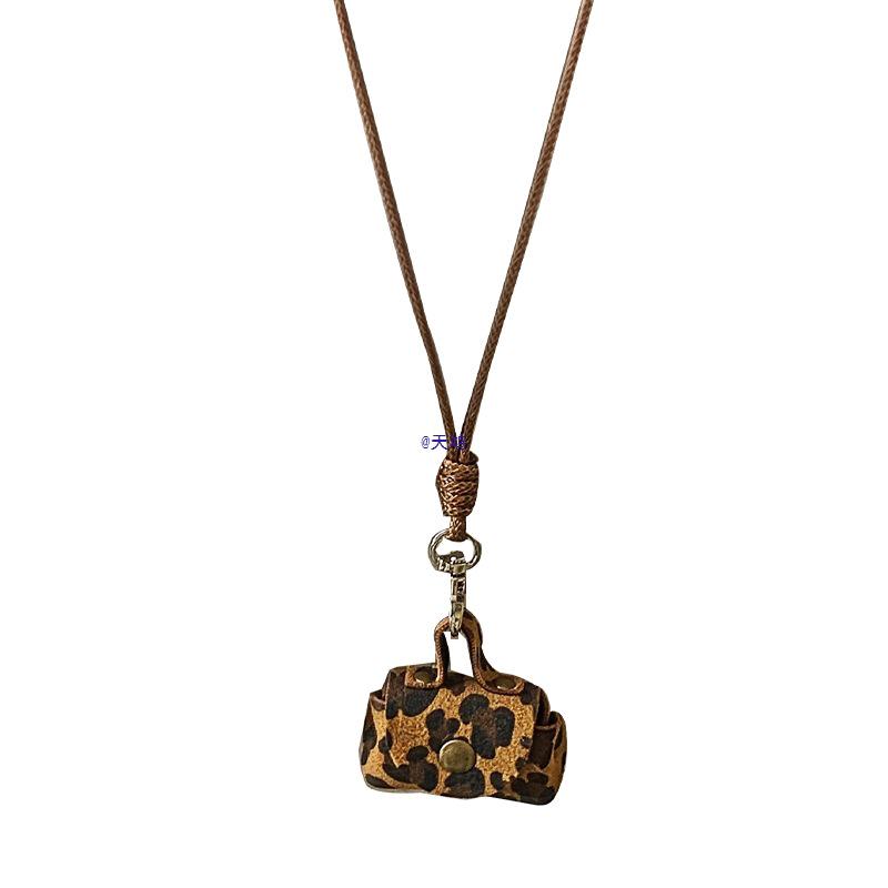 Leopard Print Coin Purse Necklace: Women's Pendant Earphone Case with Leather Rope Chain Accessory