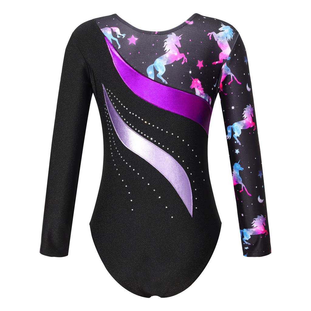 Girls Shiny Rhinestone Leotard Long Sleeve Round Neck Bronzing Fabric Pattern Print Performance Bodysuit