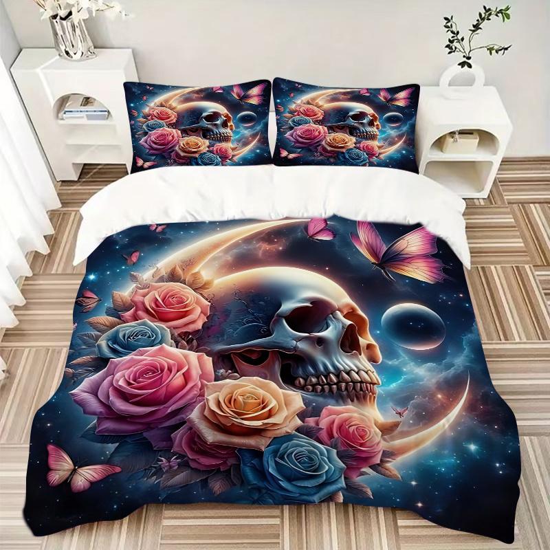 3pcs Skull Surrounded by Roses Butterflies and Celestial Moons Quilt Cover Set (1 Quilt Cover + 2 Pillowcases