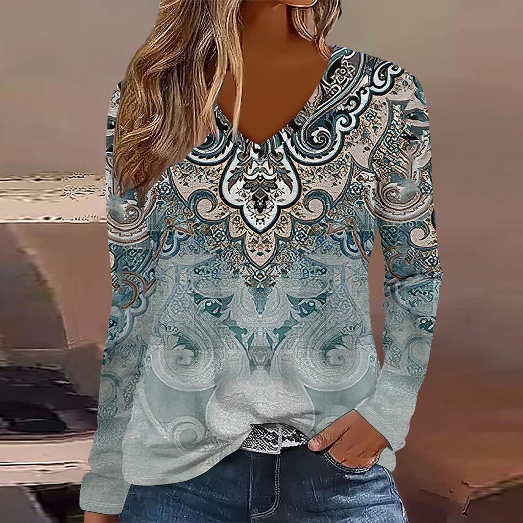 Fashion Flower Stripe Pattern 3D Print Women V-Neck Long Sleeve T-Shirt Autumn Casual Breathable Women's Clothing Apparel Tops