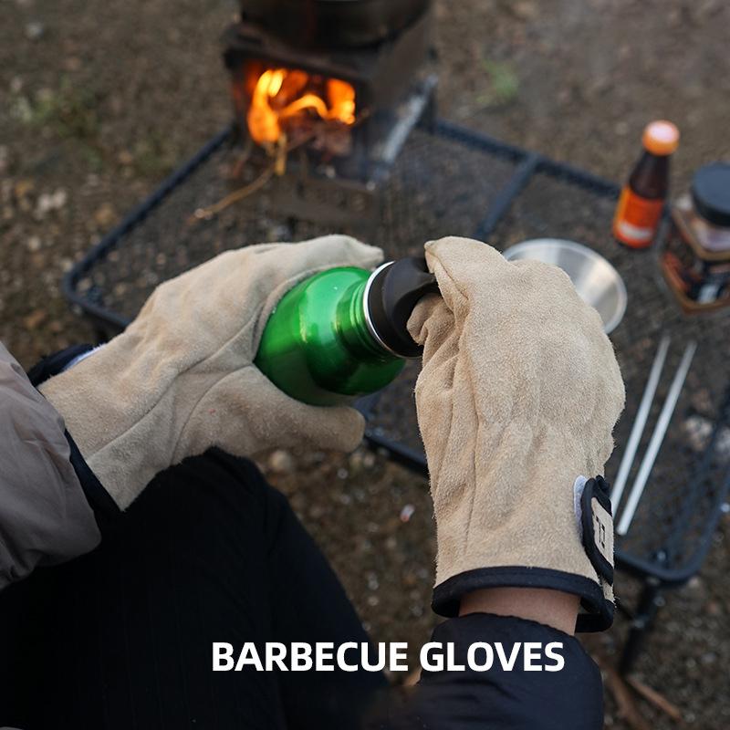 New Two Layers Leather Outdoor BBQ Gloves Fire Heat Resistant Kitchen Cooking Oven Mitts Anti Slip Hard Wearing Clamping Glove