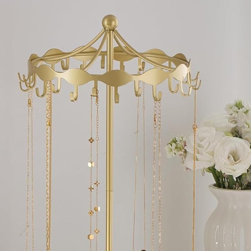 Iron Jewelry Display Stand with a Rotatable Upper Frame, Multiple Hanging Positions, and a Round Tray for Dresser Storage and Presentation