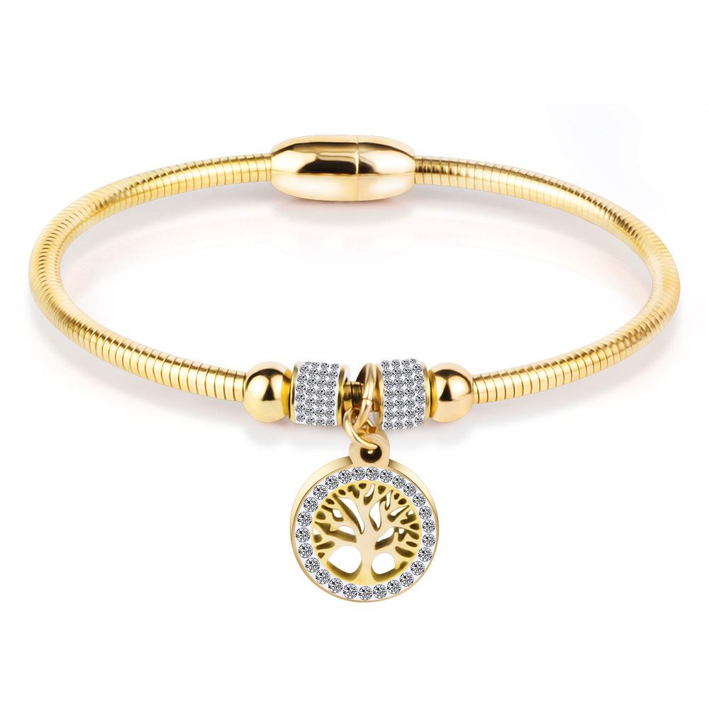 European and American LifeTree Rhinestone Titanium Steel Bracelet with Stainless Steel Magnet for Women