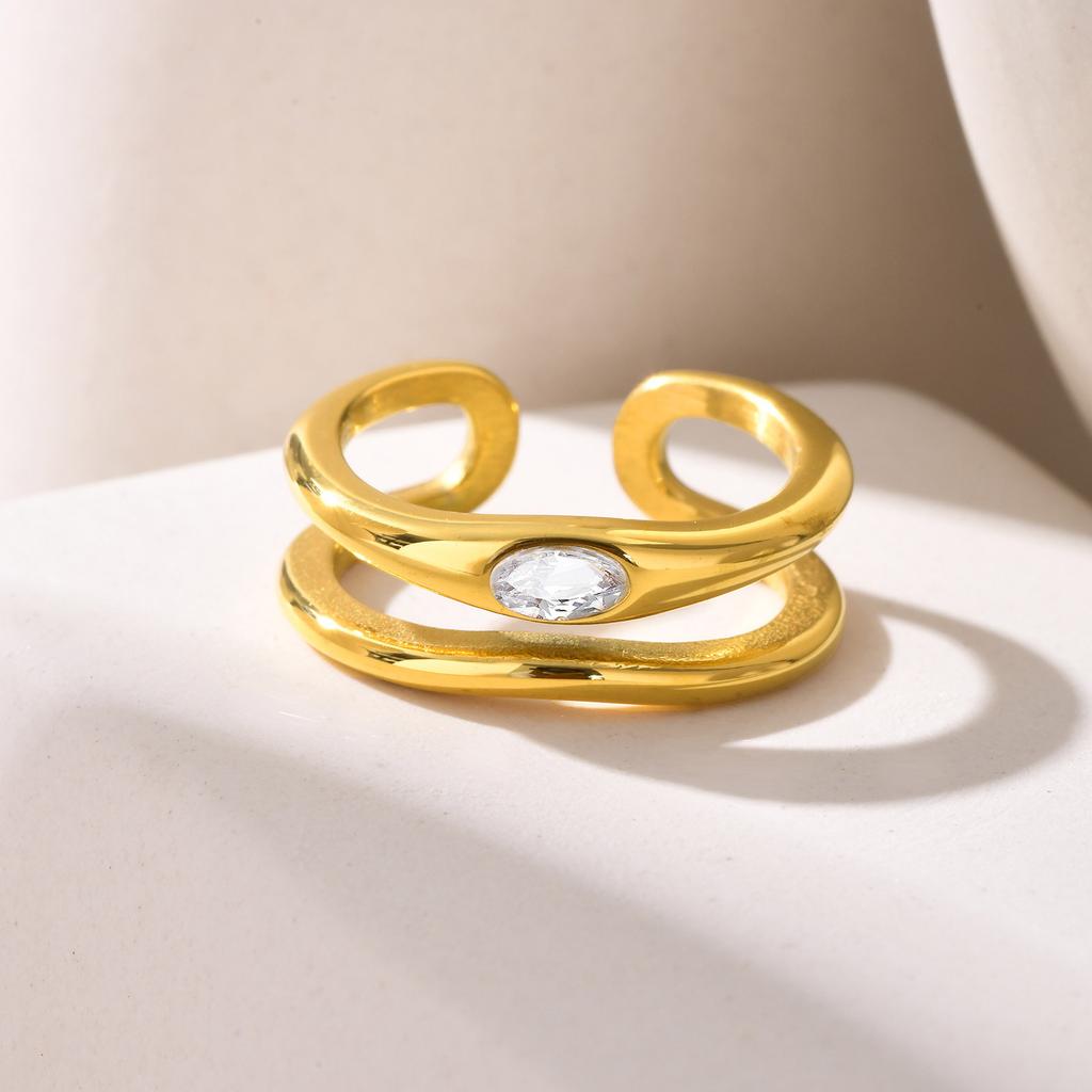Double-layer Hollow Open Zirconia Rings for Women, Gold Plated Stainless Steel Finger Ring, Luxury Waterproof Jewelry